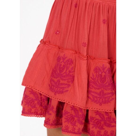 M.A.B.E. NWT Mina Embroidered Mini Tiered Skirt Coral 100% Cotton Boho Chic sz L - Picture 3 of 10